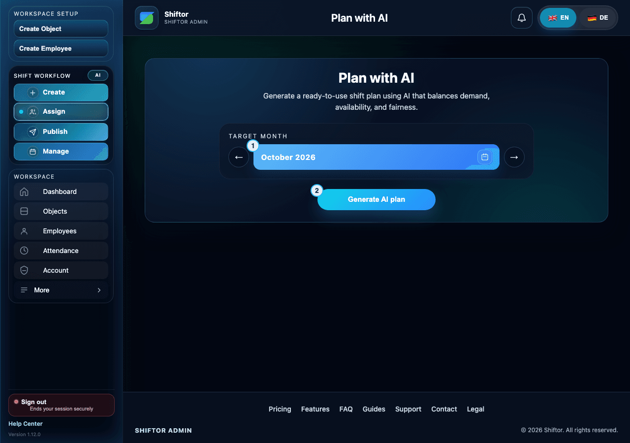 Generate and review an AI schedule: screen with numbered markers