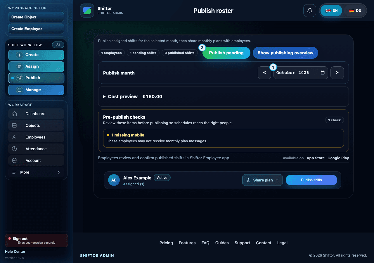 Publish the roster and track confirmations: screen with numbered markers